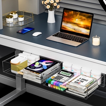 Κουτί αποθήκευσης επιτραπέζιο με διαφανές συρτάρι, πλαστικό σώμα, κατάλληλο για φοιτητικές εστίες, Poly gourd, στυλ Light Luxury, πολυλειτουργικό