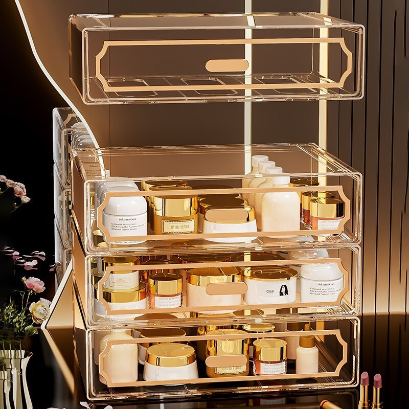 Κουτί αποθήκευσης επιτραπέζιο με διαφανές συρτάρι, πλαστικό σώμα, κατάλληλο για φοιτητικές εστίες, Poly gourd, στυλ Light Luxury, πολυλειτουργικό