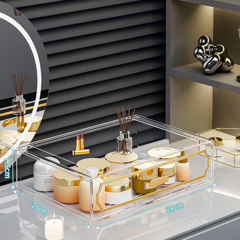 Κουτί αποθήκευσης επιτραπέζιο με διαφανές συρτάρι, πλαστικό σώμα, κατάλληλο για φοιτητικές εστίες, Poly gourd, στυλ Light Luxury, πολυλειτουργικό