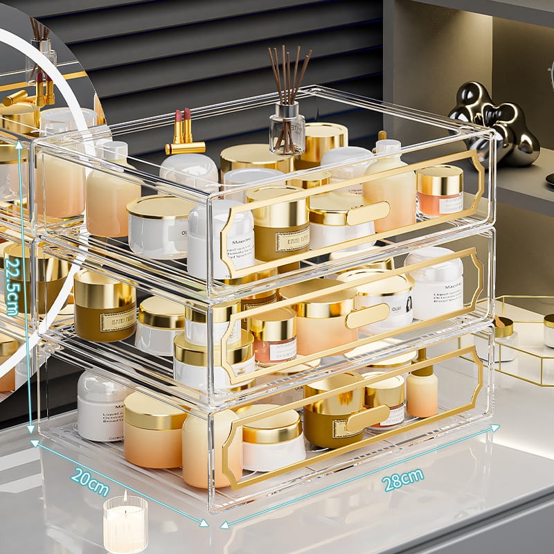 Κουτί αποθήκευσης επιτραπέζιο με διαφανές συρτάρι, πλαστικό σώμα, κατάλληλο για φοιτητικές εστίες, Poly gourd, στυλ Light Luxury, πολυλειτουργικό