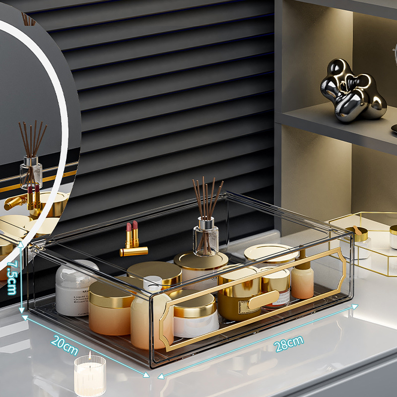 Κουτί αποθήκευσης επιτραπέζιο με διαφανές συρτάρι, πλαστικό σώμα, κατάλληλο για φοιτητικές εστίες, Poly gourd, στυλ Light Luxury, πολυλειτουργικό