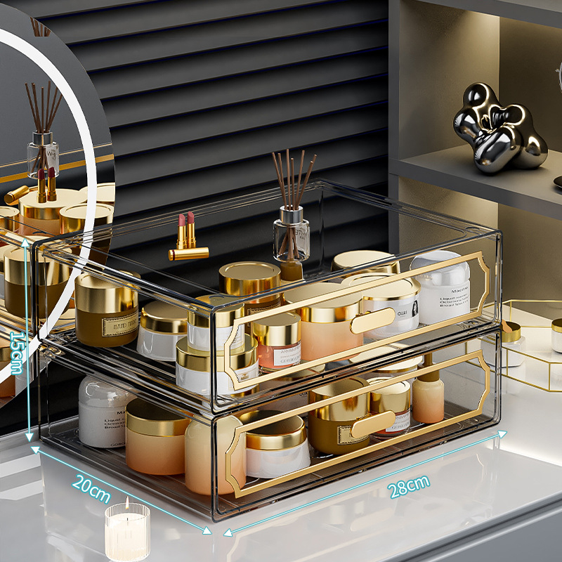 Κουτί αποθήκευσης επιτραπέζιο με διαφανές συρτάρι, πλαστικό σώμα, κατάλληλο για φοιτητικές εστίες, Poly gourd, στυλ Light Luxury, πολυλειτουργικό