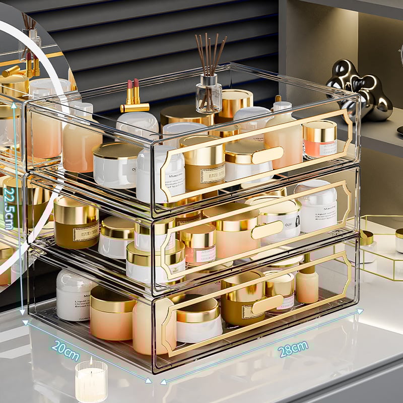 Κουτί αποθήκευσης επιτραπέζιο με διαφανές συρτάρι, πλαστικό σώμα, κατάλληλο για φοιτητικές εστίες, Poly gourd, στυλ Light Luxury, πολυλειτουργικό