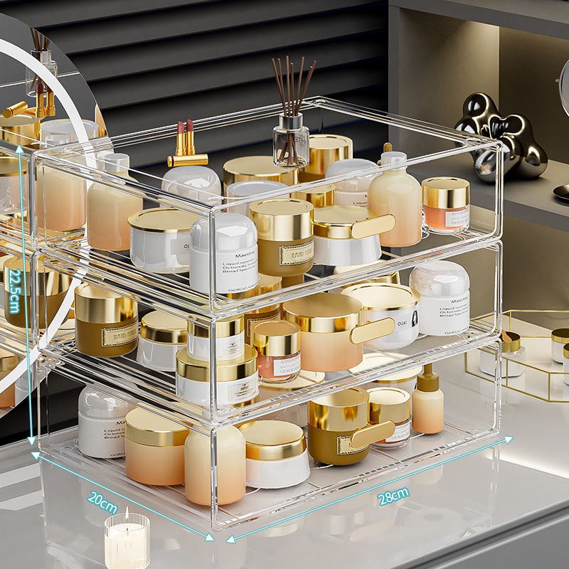 Κουτί αποθήκευσης επιτραπέζιο με διαφανές συρτάρι, πλαστικό σώμα, κατάλληλο για φοιτητικές εστίες, Poly gourd, στυλ Light Luxury, πολυλειτουργικό