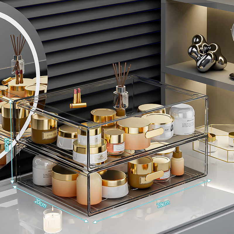 Κουτί αποθήκευσης επιτραπέζιο με διαφανές συρτάρι, πλαστικό σώμα, κατάλληλο για φοιτητικές εστίες, Poly gourd, στυλ Light Luxury, πολυλειτουργικό