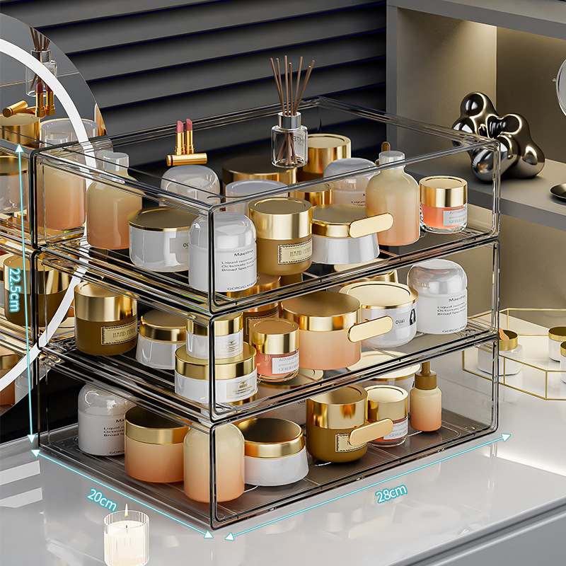 Κουτί αποθήκευσης επιτραπέζιο με διαφανές συρτάρι, πλαστικό σώμα, κατάλληλο για φοιτητικές εστίες, Poly gourd, στυλ Light Luxury, πολυλειτουργικό