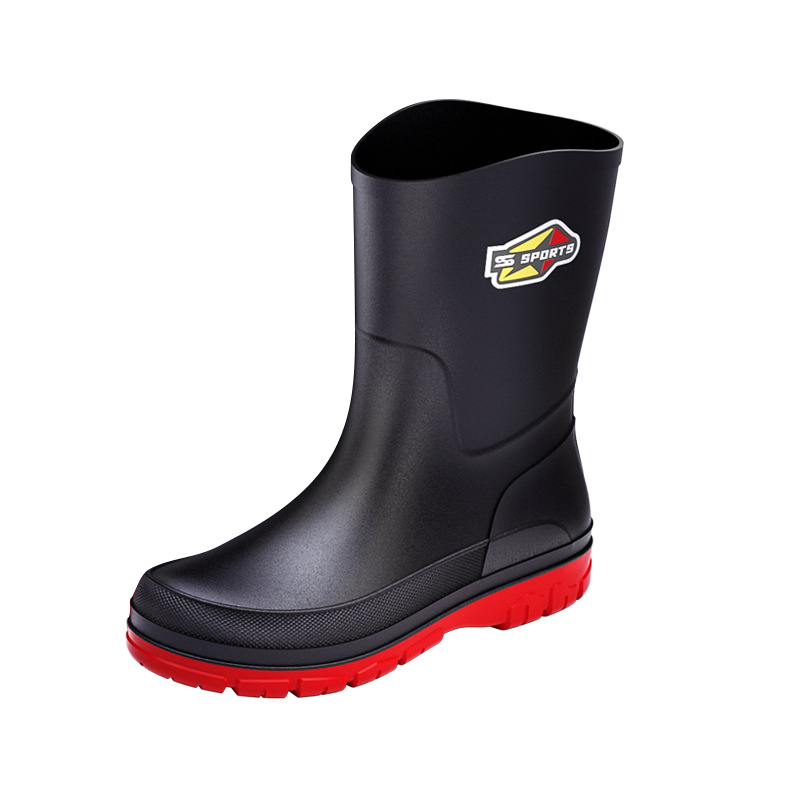 Ghete de ploaie pentru bărbați, până la gambe, cu exterior din PVC, talpă din plastic, interior din plasă și branț textil