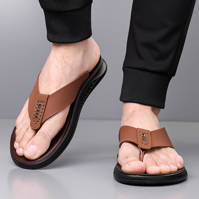 Vīriešu flip-flopi, vasaras 2025. gada modelis, augšējā daļa no liellopu ādas, zole no poliuretāna, zoles konstrukcija no viskozes