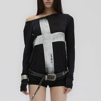 Тениска с кръстосан принт, свободен силует, дълъг ръкав, наклонена яка, полиестер-еластанова смес