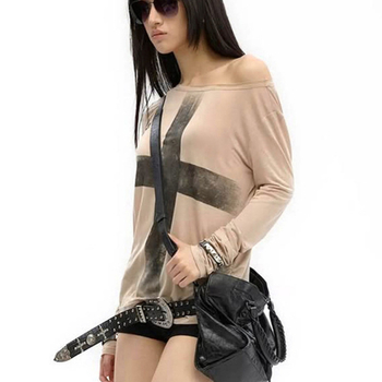 Тениска с кръстосан принт, свободен силует, дълъг ръкав, наклонена яка, полиестер-еластанова смес