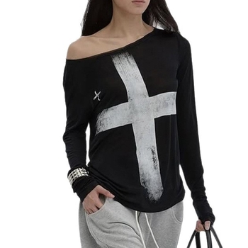 Тениска с кръстосан принт, свободен силует, дълъг ръкав, наклонена яка, полиестер-еластанова смес