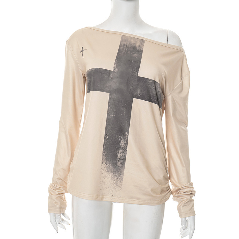 Kryžiaus spaudo atspaudas laisvo kirpimo marškinėliai su ilgomis rankovėmis ir įstrižine apykakle, poliesterio-elastano mišinys