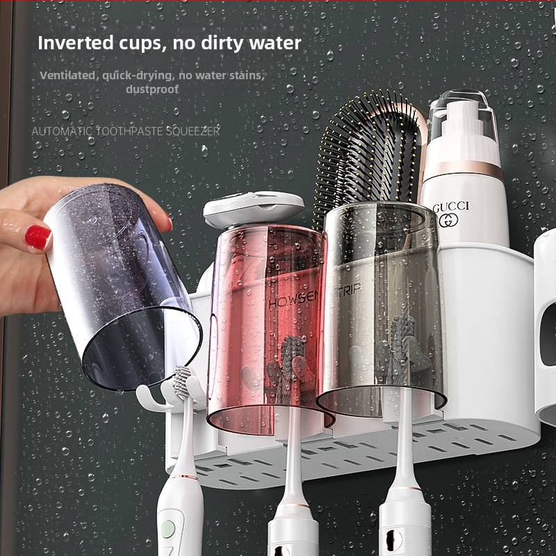Стенно монтиран безпробив държач за четки за зъби с чаша за уста и чаша за четки – баня, организатор за двойки