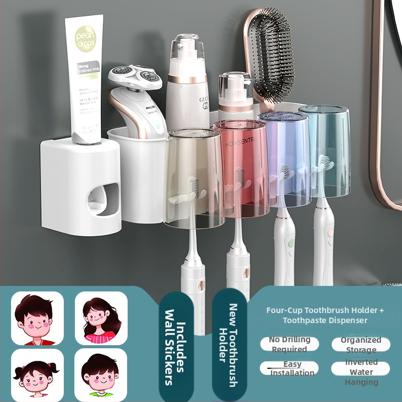 Be gręžimo sieninis dantų šepetėlių laikiklis su burnos skalavimo puodeliu ir dantų šepetėlių puodeliu – vonios saugojimas poroms
