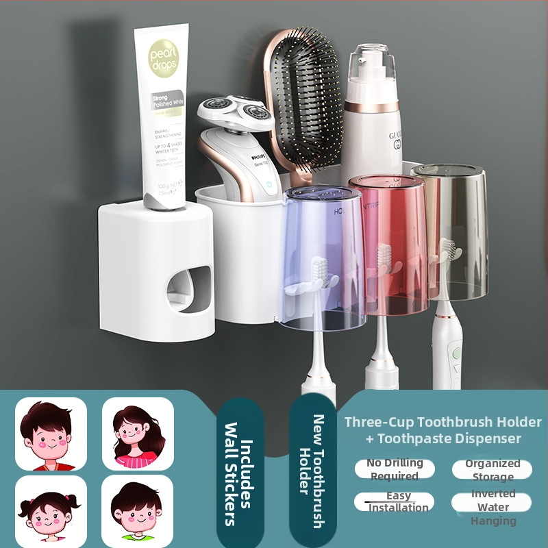 Be gręžimo sieninis dantų šepetėlių laikiklis su burnos skalavimo puodeliu ir dantų šepetėlių puodeliu – vonios saugojimas poroms