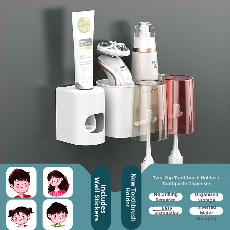 Be gręžimo sieninis dantų šepetėlių laikiklis su burnos skalavimo puodeliu ir dantų šepetėlių puodeliu – vonios saugojimas poroms