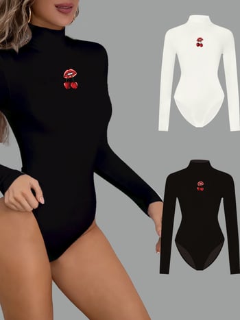 Moteriškas bodis su vyšnių spauda, ilgos rankovės, aukštas kaklas, siauras kirpimas, ruduo 2025, Europos ir Amerikos stilius