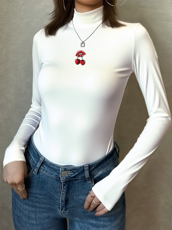 Moteriškas bodis su vyšnių spauda, ilgos rankovės, aukštas kaklas, siauras kirpimas, ruduo 2025, Europos ir Amerikos stilius