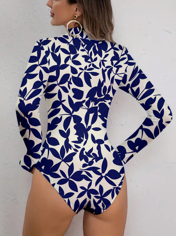 Гащеризон с дълги ръкави и принт на листа, висока яка, тясна кройка