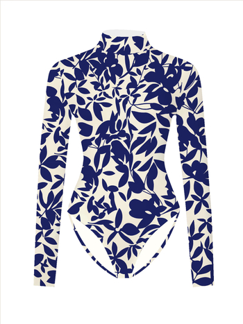 Гащеризон с дълги ръкави и принт на листа, висока яка, тясна кройка