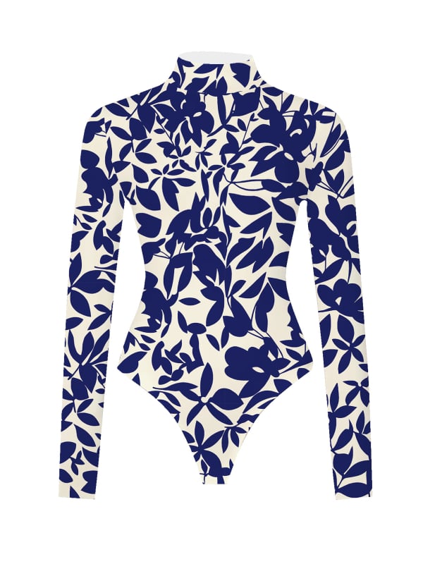 Ilgas rankovės kombinezonas su lapų atspaudais, aukšta apykaklė, siauras kirpimas