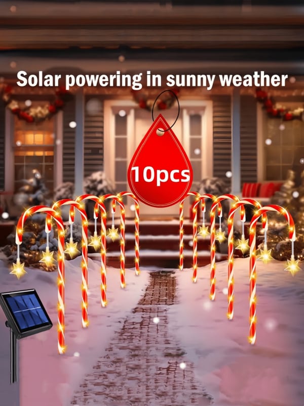 Lauko dekoratyvinė saulės lemputė saldainių lazdelės formos, LED, IP65, PVC, lauko dekoravimui, 16–24 valandos nuolatinis apšvietimas