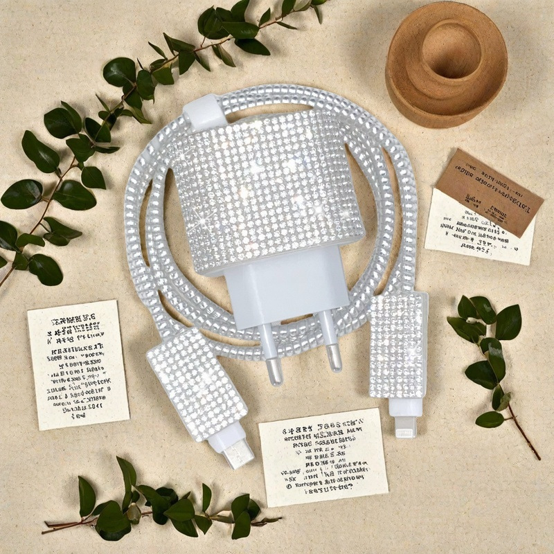 TPU apsauginis dėklas įkrovimo kabeliui Apple iPhone 14–16 su krištolo akcentais (paprastas dizainas)