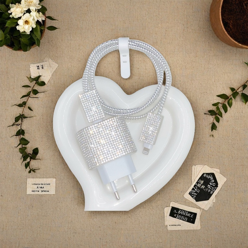 TPU apsauginis dėklas įkrovimo kabeliui Apple iPhone 14–16 su krištolo akcentais (paprastas dizainas)