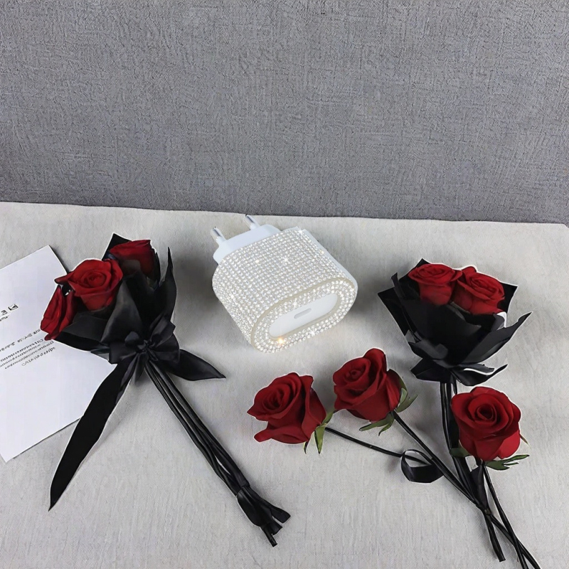 TPU apsauginis dėklas įkrovimo kabeliui Apple iPhone 14–16 su krištolo akcentais (paprastas dizainas)