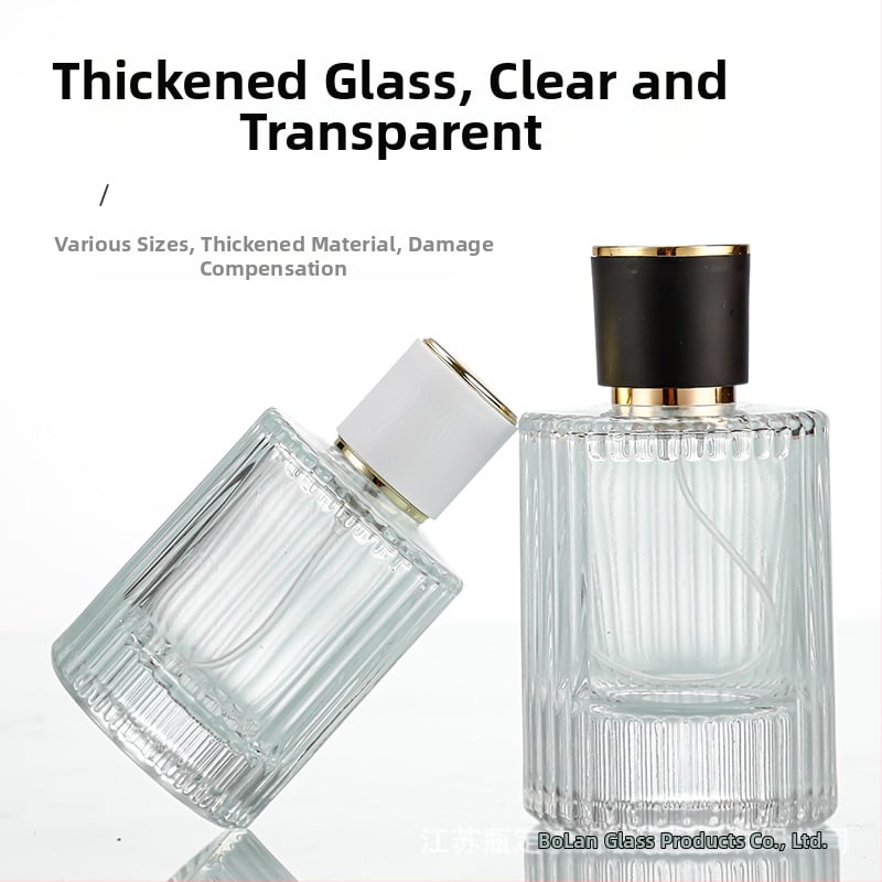 Стъклена бутилка за парфюм със винтово гърло, кръгло прозрачно тяло, дебело вертикално ивично стъкло, голям страничен спрей, тежък капак
