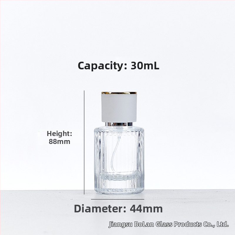 Стъклена бутилка за парфюм със винтово гърло, кръгло прозрачно тяло, дебело вертикално ивично стъкло, голям страничен спрей, тежък капак
