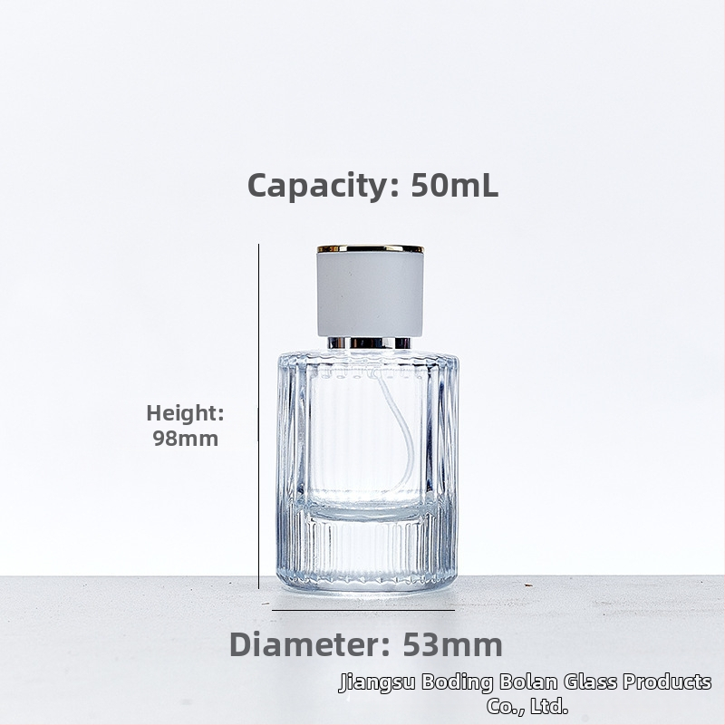 Стъклена бутилка за парфюм със винтово гърло, кръгло прозрачно тяло, дебело вертикално ивично стъкло, голям страничен спрей, тежък капак