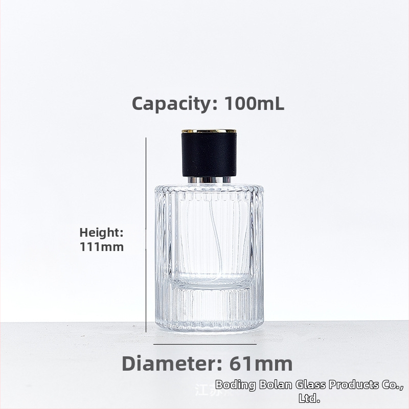 Стъклена бутилка за парфюм със винтово гърло, кръгло прозрачно тяло, дебело вертикално ивично стъкло, голям страничен спрей, тежък капак
