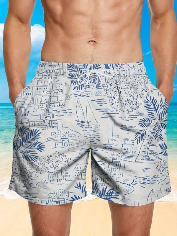 Ανδρικά σορτς παραλίας - Φλοράλ εκτύπωση, χαλαρή γραμμή, γρήγορο στέγνωμα πολυεστέρας (Καλοκαίρι, Πολυεστέρας 95%+)
