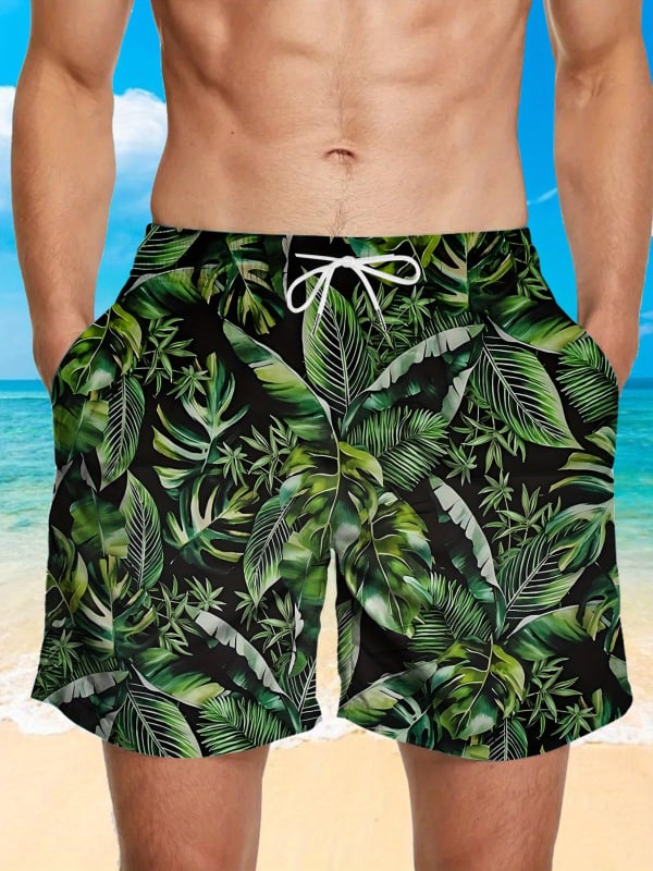 Ανδρικά σορτς παραλίας - Φλοράλ εκτύπωση, χαλαρή γραμμή, γρήγορο στέγνωμα πολυεστέρας (Καλοκαίρι, Πολυεστέρας 95%+)