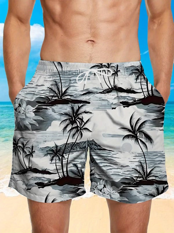 Ανδρικά σορτς παραλίας - Φλοράλ εκτύπωση, χαλαρή γραμμή, γρήγορο στέγνωμα πολυεστέρας (Καλοκαίρι, Πολυεστέρας 95%+)