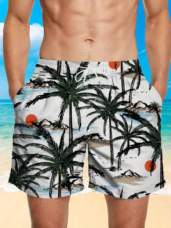 Ανδρικά σορτς παραλίας - Φλοράλ εκτύπωση, χαλαρή γραμμή, γρήγορο στέγνωμα πολυεστέρας (Καλοκαίρι, Πολυεστέρας 95%+)