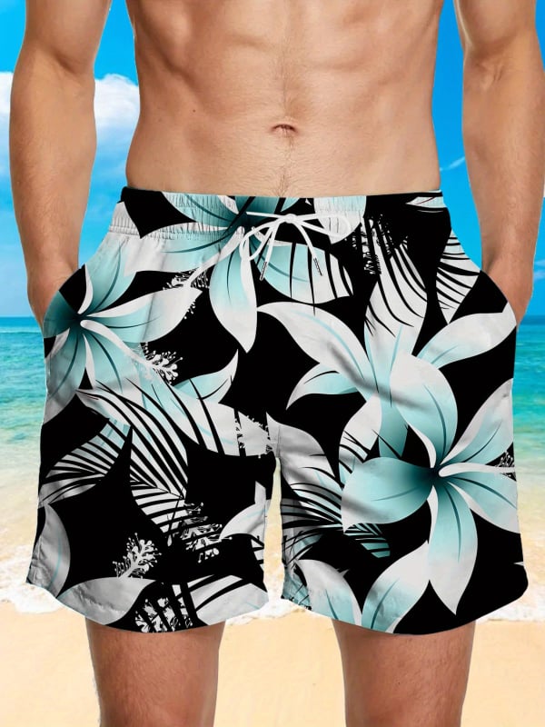 Ανδρικά σορτς παραλίας - Φλοράλ εκτύπωση, χαλαρή γραμμή, γρήγορο στέγνωμα πολυεστέρας (Καλοκαίρι, Πολυεστέρας 95%+)