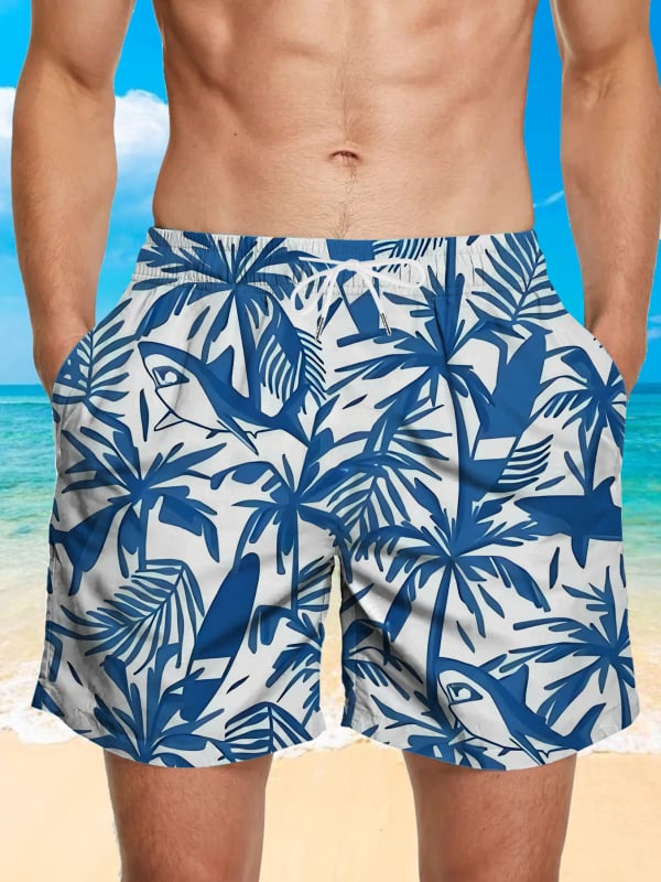 Ανδρικά σορτς παραλίας - Φλοράλ εκτύπωση, χαλαρή γραμμή, γρήγορο στέγνωμα πολυεστέρας (Καλοκαίρι, Πολυεστέρας 95%+)