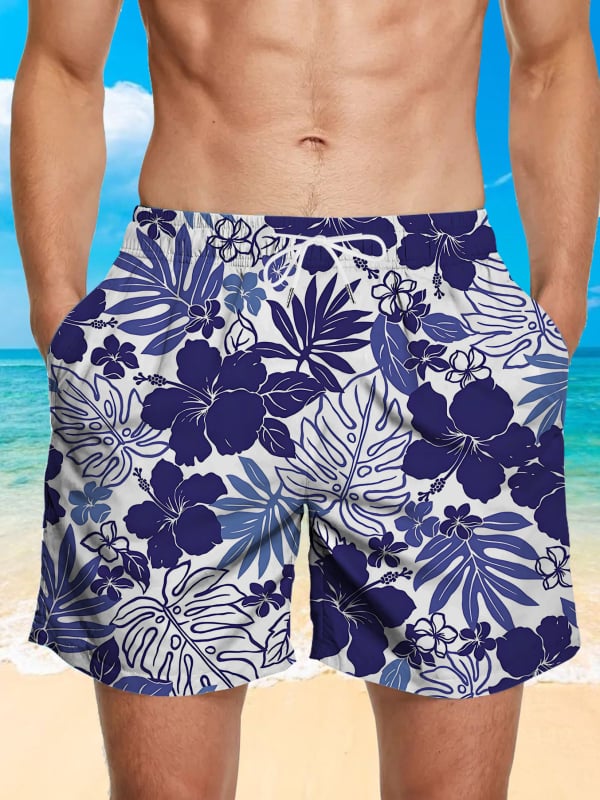 Ανδρικά σορτς παραλίας - Φλοράλ εκτύπωση, χαλαρή γραμμή, γρήγορο στέγνωμα πολυεστέρας (Καλοκαίρι, Πολυεστέρας 95%+)