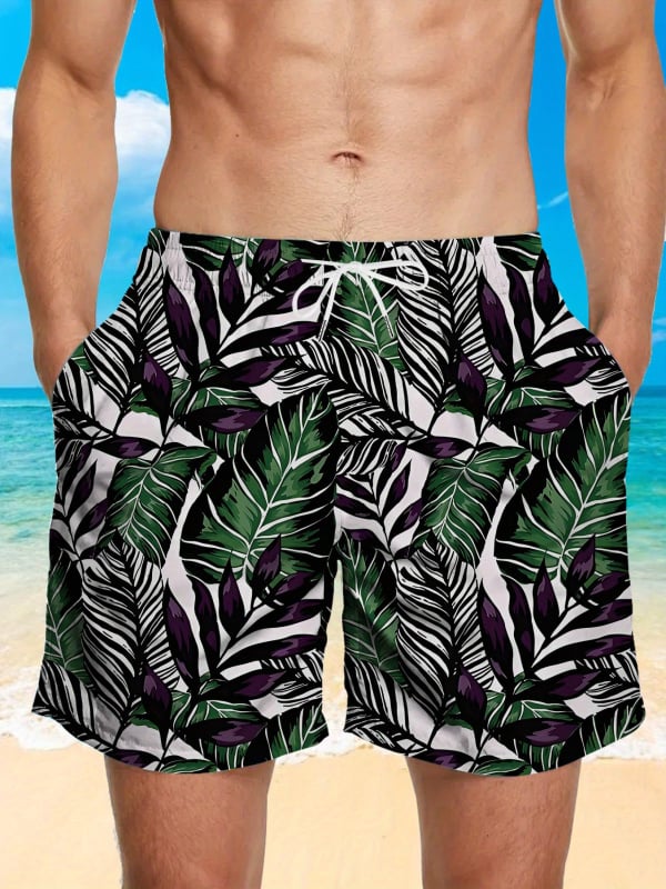 Ανδρικά σορτς παραλίας - Φλοράλ εκτύπωση, χαλαρή γραμμή, γρήγορο στέγνωμα πολυεστέρας (Καλοκαίρι, Πολυεστέρας 95%+)