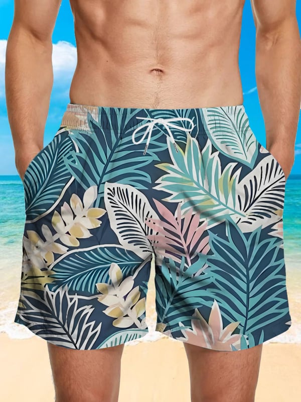 Ανδρικά σορτς παραλίας - Φλοράλ εκτύπωση, χαλαρή γραμμή, γρήγορο στέγνωμα πολυεστέρας (Καλοκαίρι, Πολυεστέρας 95%+)