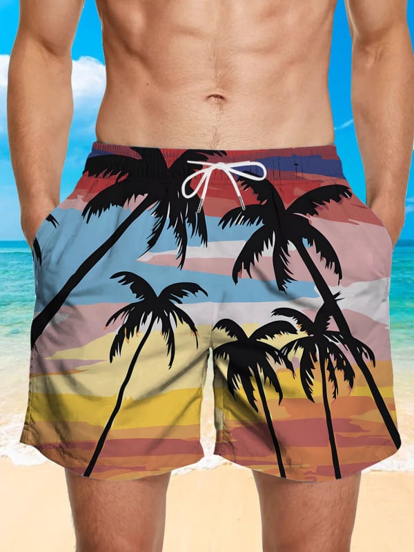 Ανδρικά σορτς παραλίας - Φλοράλ εκτύπωση, χαλαρή γραμμή, γρήγορο στέγνωμα πολυεστέρας (Καλοκαίρι, Πολυεστέρας 95%+)