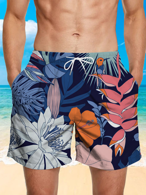 Ανδρικά σορτς παραλίας - Φλοράλ εκτύπωση, χαλαρή γραμμή, γρήγορο στέγνωμα πολυεστέρας (Καλοκαίρι, Πολυεστέρας 95%+)