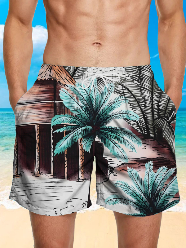 Ανδρικά σορτς παραλίας - Φλοράλ εκτύπωση, χαλαρή γραμμή, γρήγορο στέγνωμα πολυεστέρας (Καλοκαίρι, Πολυεστέρας 95%+)