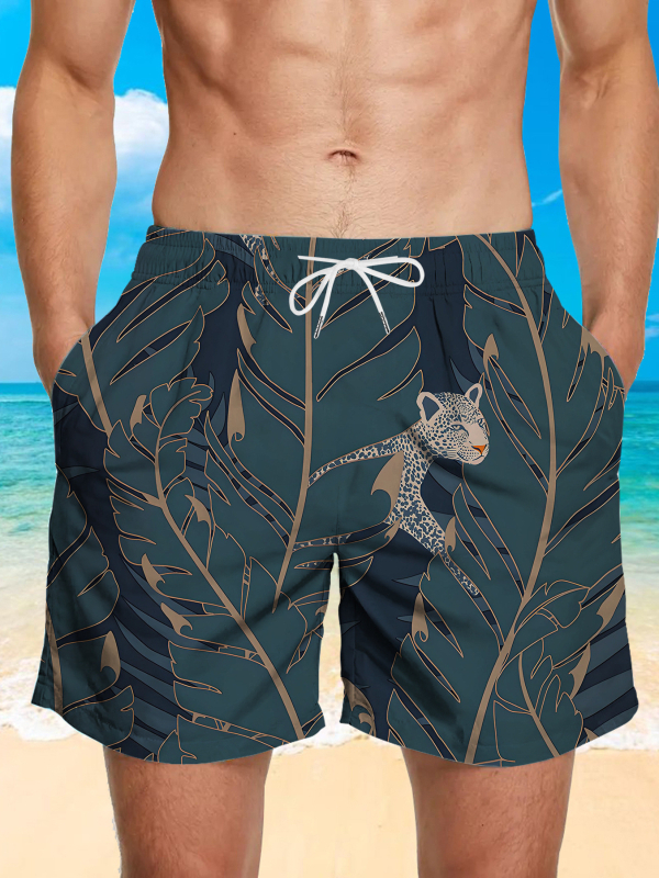 Ανδρικά σορτς παραλίας - Φλοράλ εκτύπωση, χαλαρή γραμμή, γρήγορο στέγνωμα πολυεστέρας (Καλοκαίρι, Πολυεστέρας 95%+)