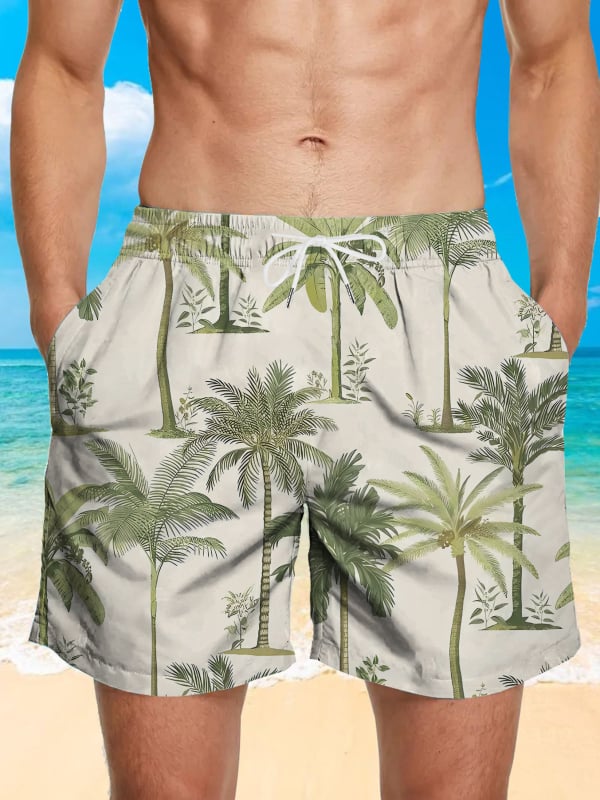 Ανδρικά σορτς παραλίας - Φλοράλ εκτύπωση, χαλαρή γραμμή, γρήγορο στέγνωμα πολυεστέρας (Καλοκαίρι, Πολυεστέρας 95%+)