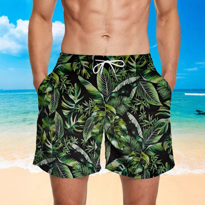 Ανδρικά σορτς παραλίας - Φλοράλ εκτύπωση, χαλαρή γραμμή, γρήγορο στέγνωμα πολυεστέρας (Καλοκαίρι, Πολυεστέρας 95%+)
