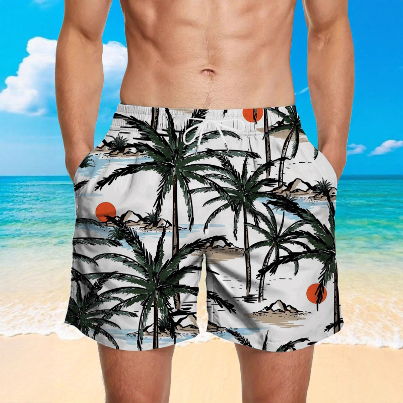 Ανδρικά σορτς παραλίας - Φλοράλ εκτύπωση, χαλαρή γραμμή, γρήγορο στέγνωμα πολυεστέρας (Καλοκαίρι, Πολυεστέρας 95%+)