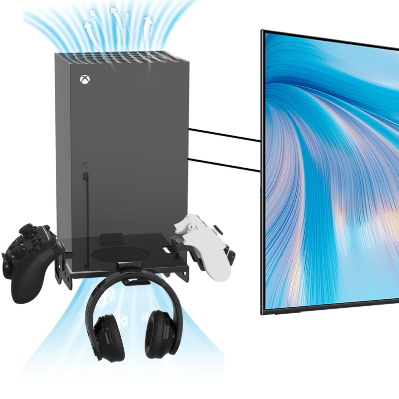 Τοίχου μεταλλικό στήριγμα για Xbox Series X με αποθήκευση ελεγκτή και ακουστικών; υλικό: σίδηρος; εγκατάσταση: διάτρηση; βάρος: 620 g